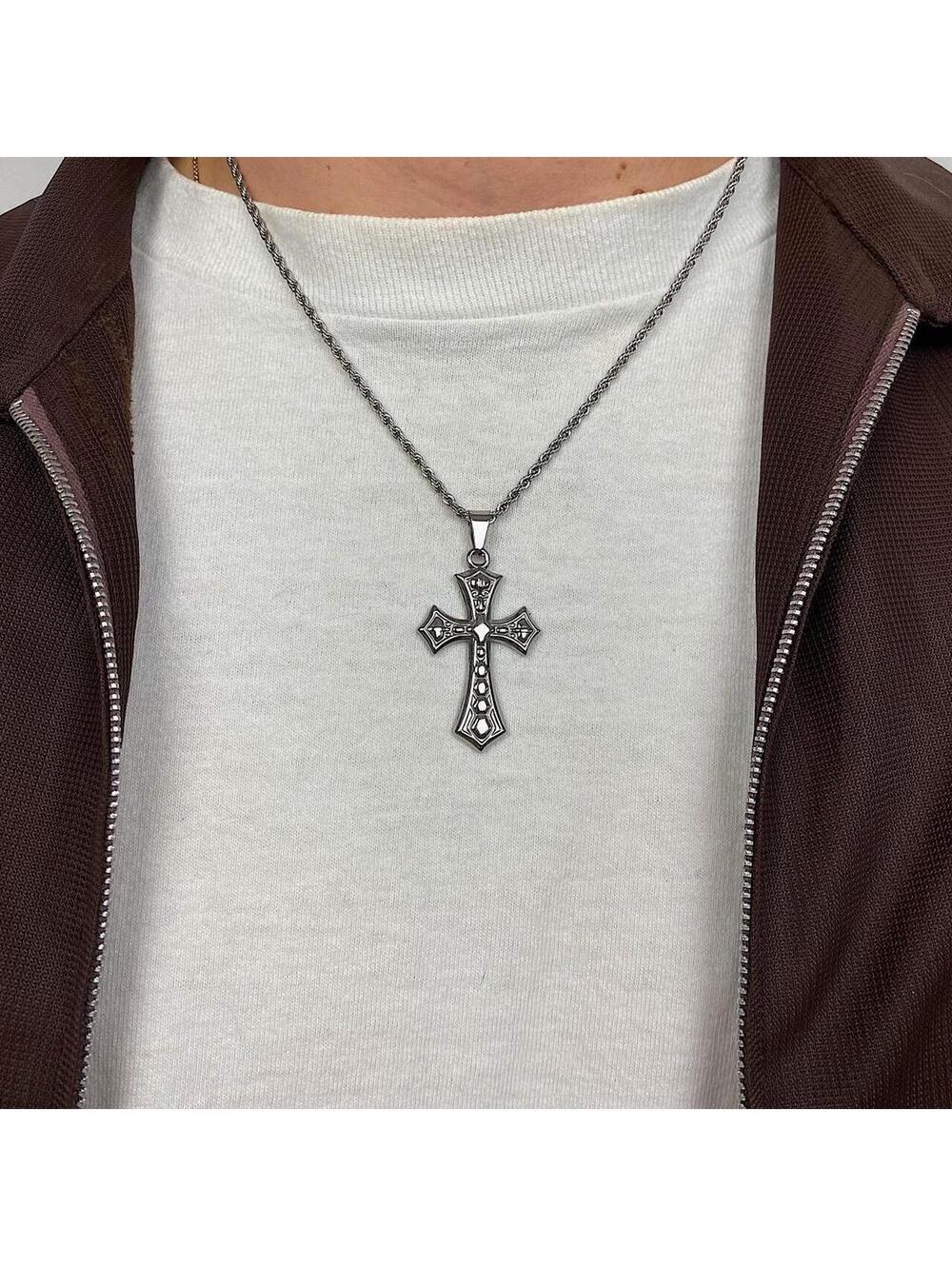 Stainless steel y2k style big gothic grunge silver cross pendant rope chain - Picture 2 of 8
